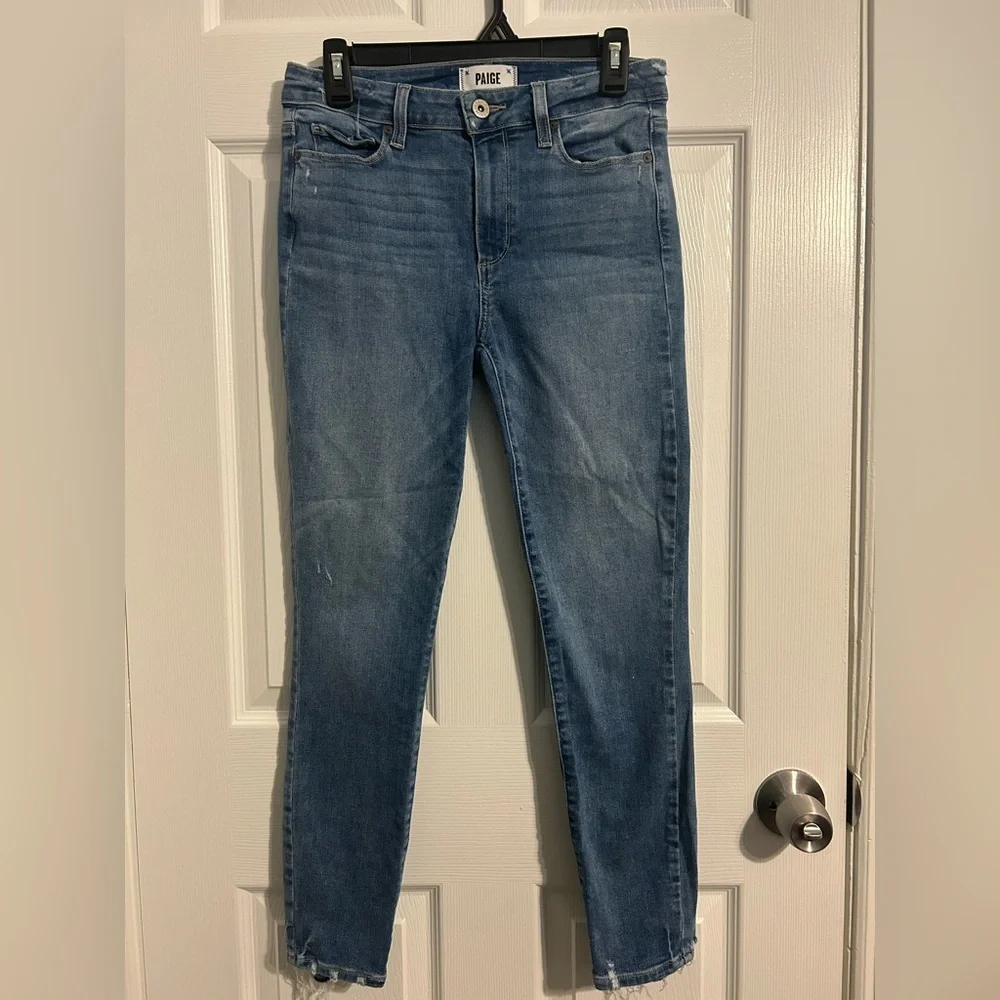 Paige Dark Wash Blue Skinny Crop Jeans Raw Distressed Hem
